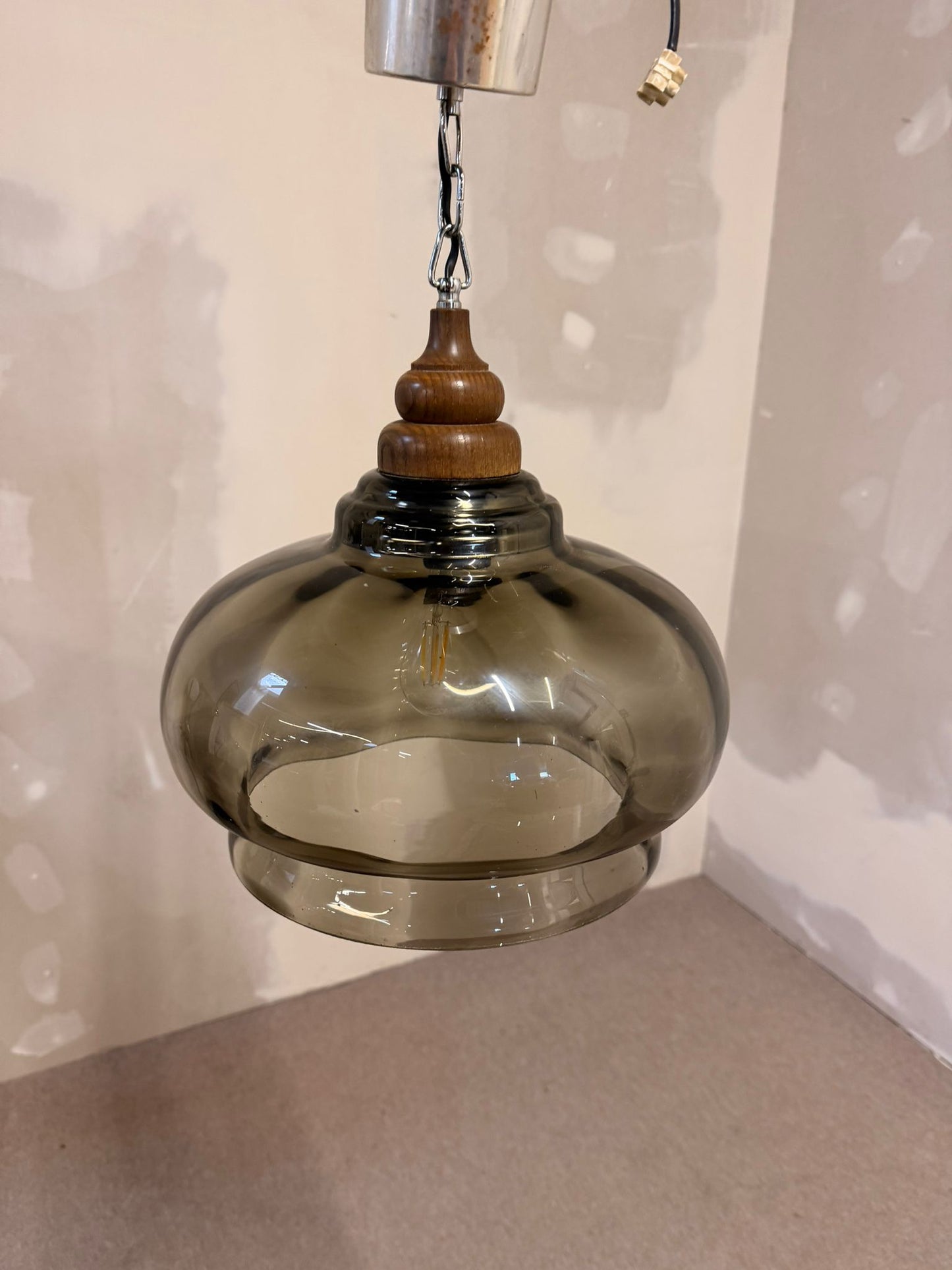 Vintage Glas Pendelleuchte retro Hängelampe mit Holzdetails
