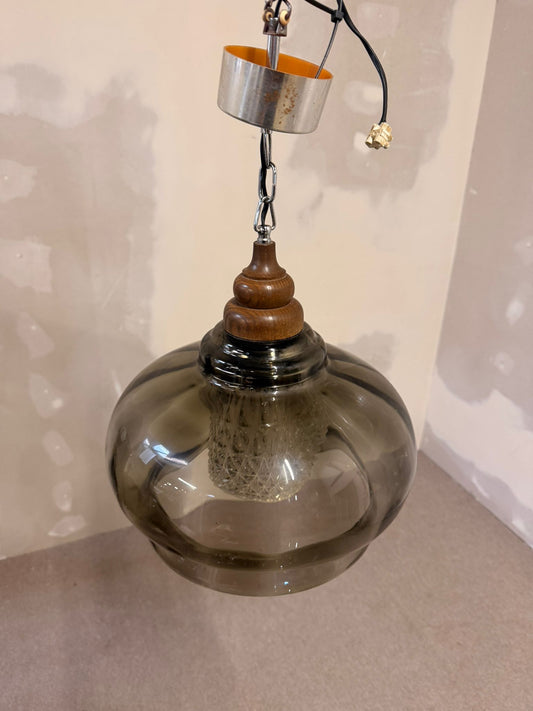 Vintage Glas Pendelleuchte retro Hängelampe mit Holzdetails