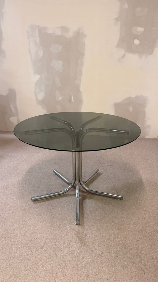 Runder Glastisch mit Rauchglasplatte im Space Age Stil 70er