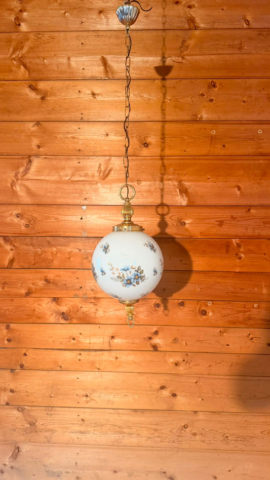 Vintage Hängelampe Opalglas Messing Blumenmuster aus Italien