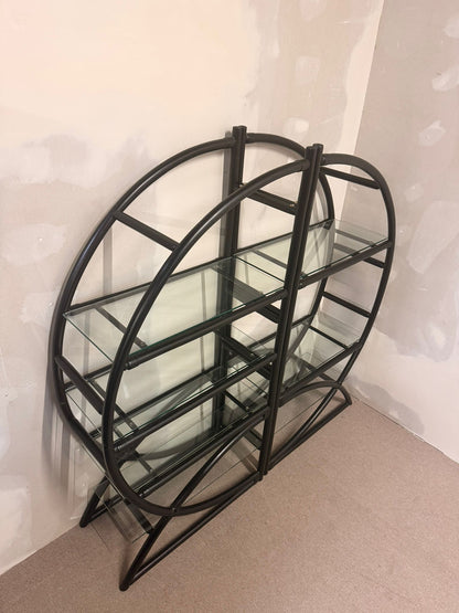 Vintage Designer Raumteiler aus Rattan, Bambusregal mit Glas