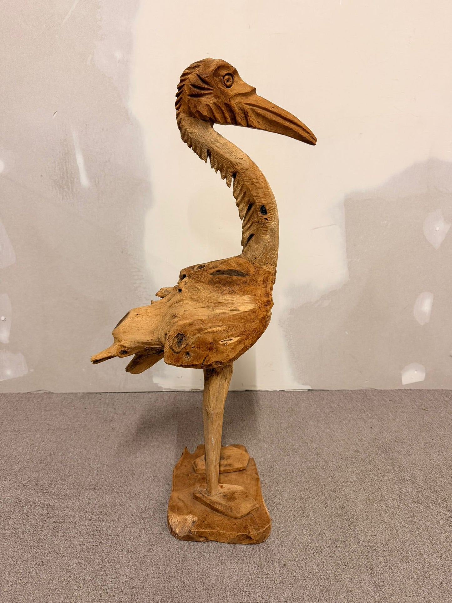 Handgeschnitzte Holzskulptur, Pelikan/Reiher, Teakholz