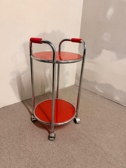 Vintage Servierwagen Teewagen, Chrom/Glas rot, 60er Jahre