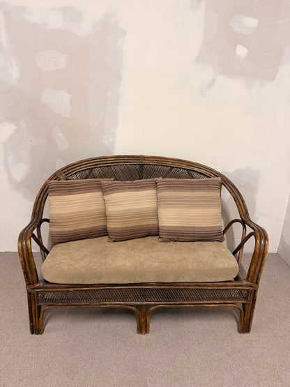 Vintage Rattan Bambus Sofa Couch mit Kissen, Sitzbank