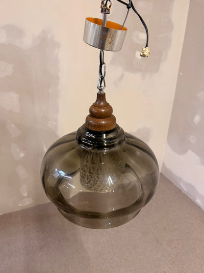 Vintage Glas Pendelleuchte retro Hängelampe mit Holzdetails