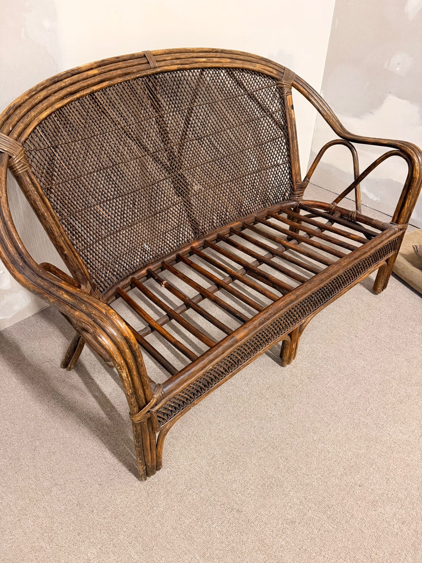 Vintage Rattan Bambus Sofa Couch mit Kissen, Sitzbank