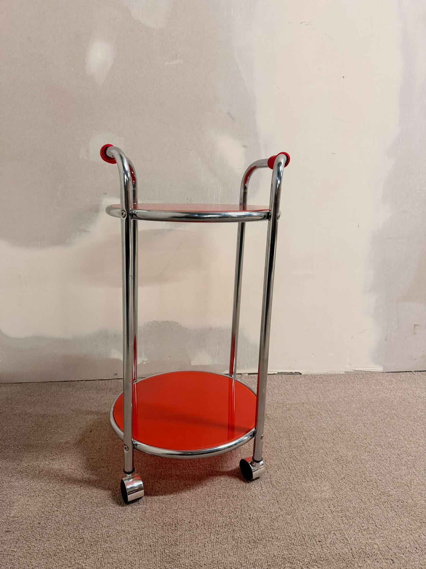 Vintage Servierwagen Teewagen, Chrom/Glas rot, 60er Jahre