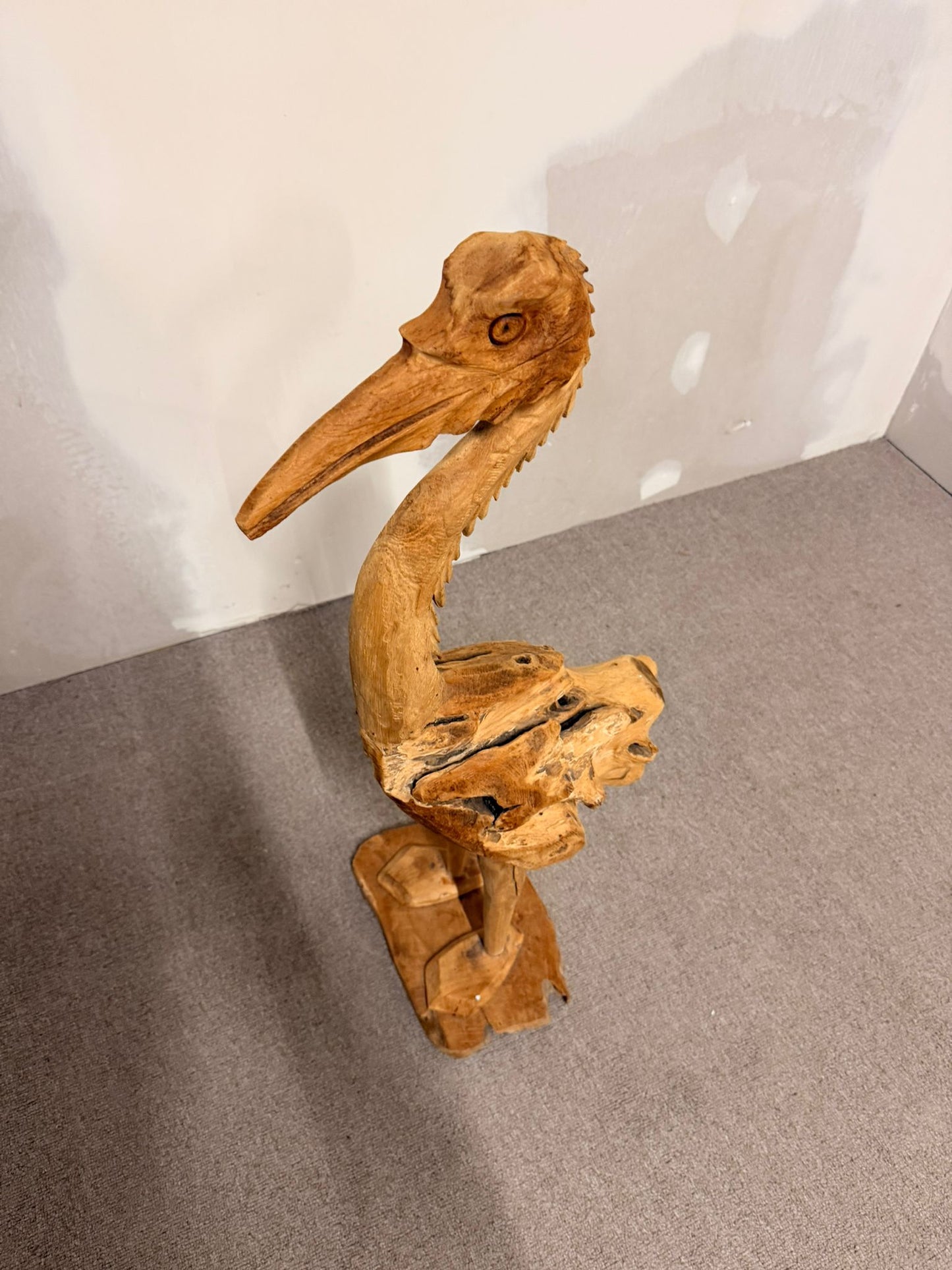 Handgeschnitzte Holzskulptur, Pelikan/Reiher, Teakholz