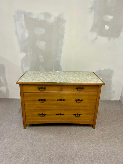 Mid Century Holz Kommode mit 4 Schubladen Vintage Glasplatte