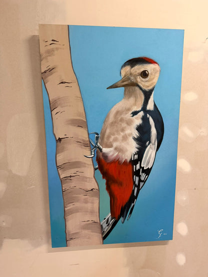 Acryl Bild mit Buntspecht Handgemalt Wandbild Gemälde