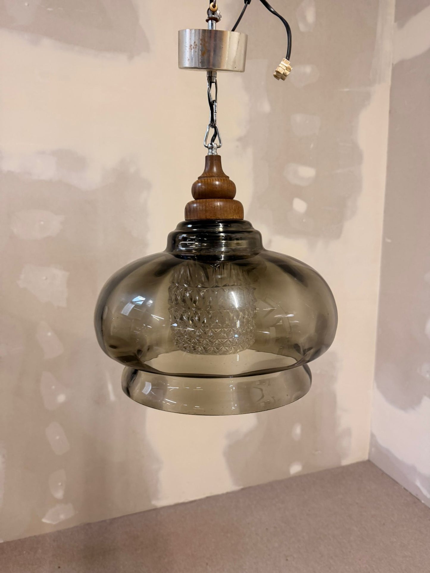 Vintage Glas Pendelleuchte retro Hängelampe mit Holzdetails