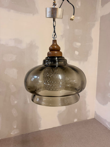 Vintage Glas Pendelleuchte retro Hängelampe mit Holzdetails