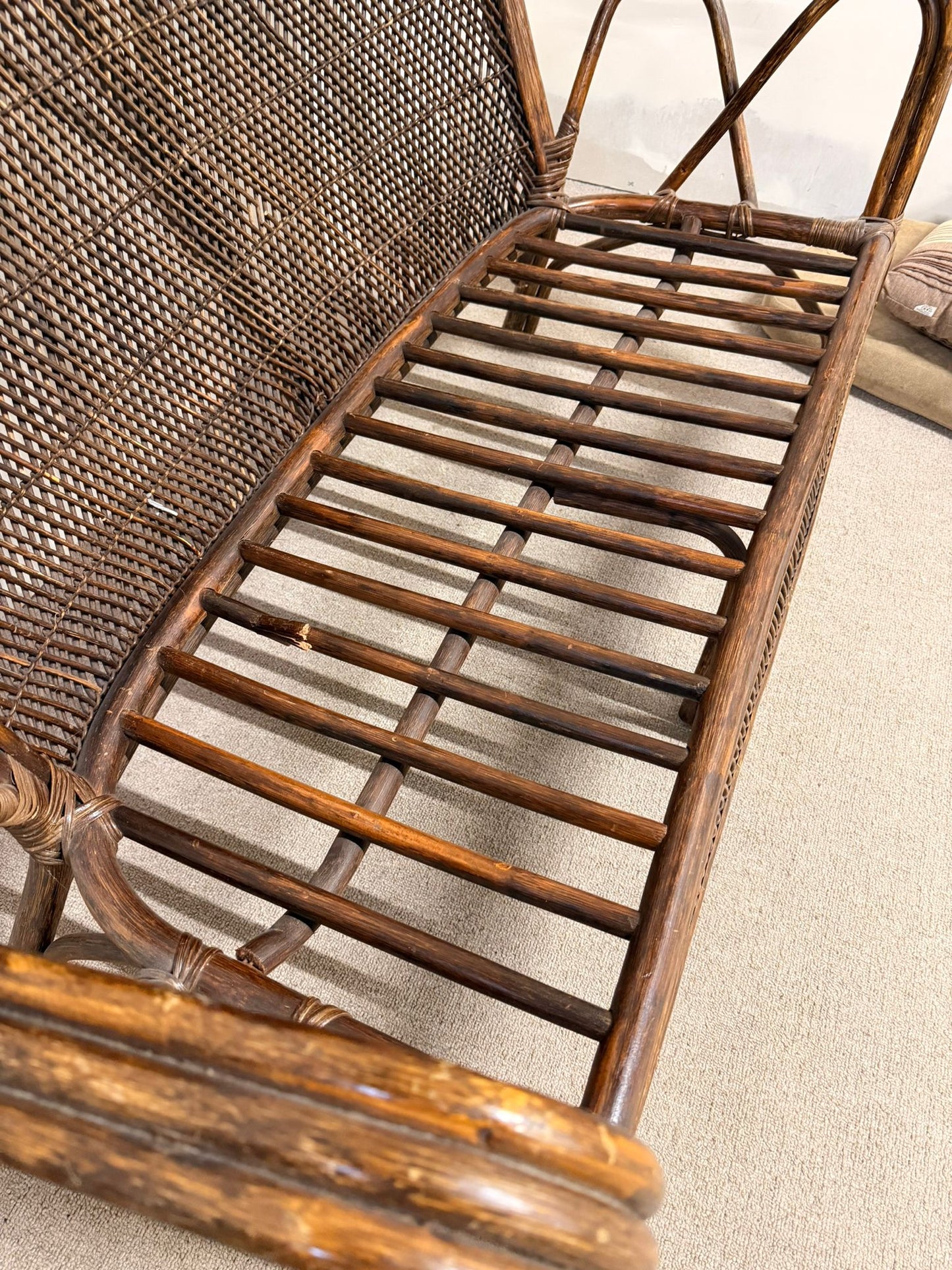 Vintage Rattan Bambus Sofa Couch mit Kissen, Sitzbank