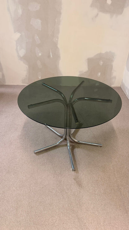 Runder Glastisch mit Rauchglasplatte im Space Age Stil 70er