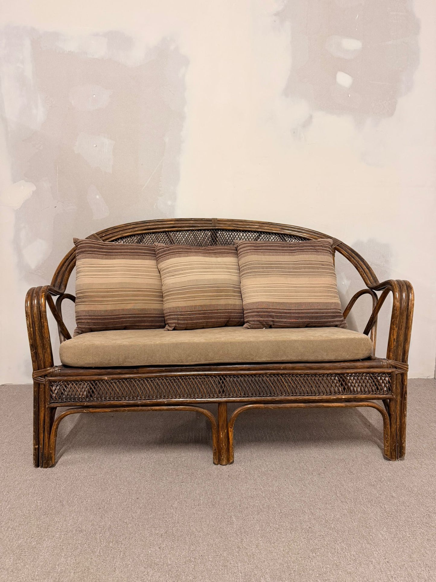 Vintage Rattan Bambus Sofa Couch mit Kissen, Sitzbank