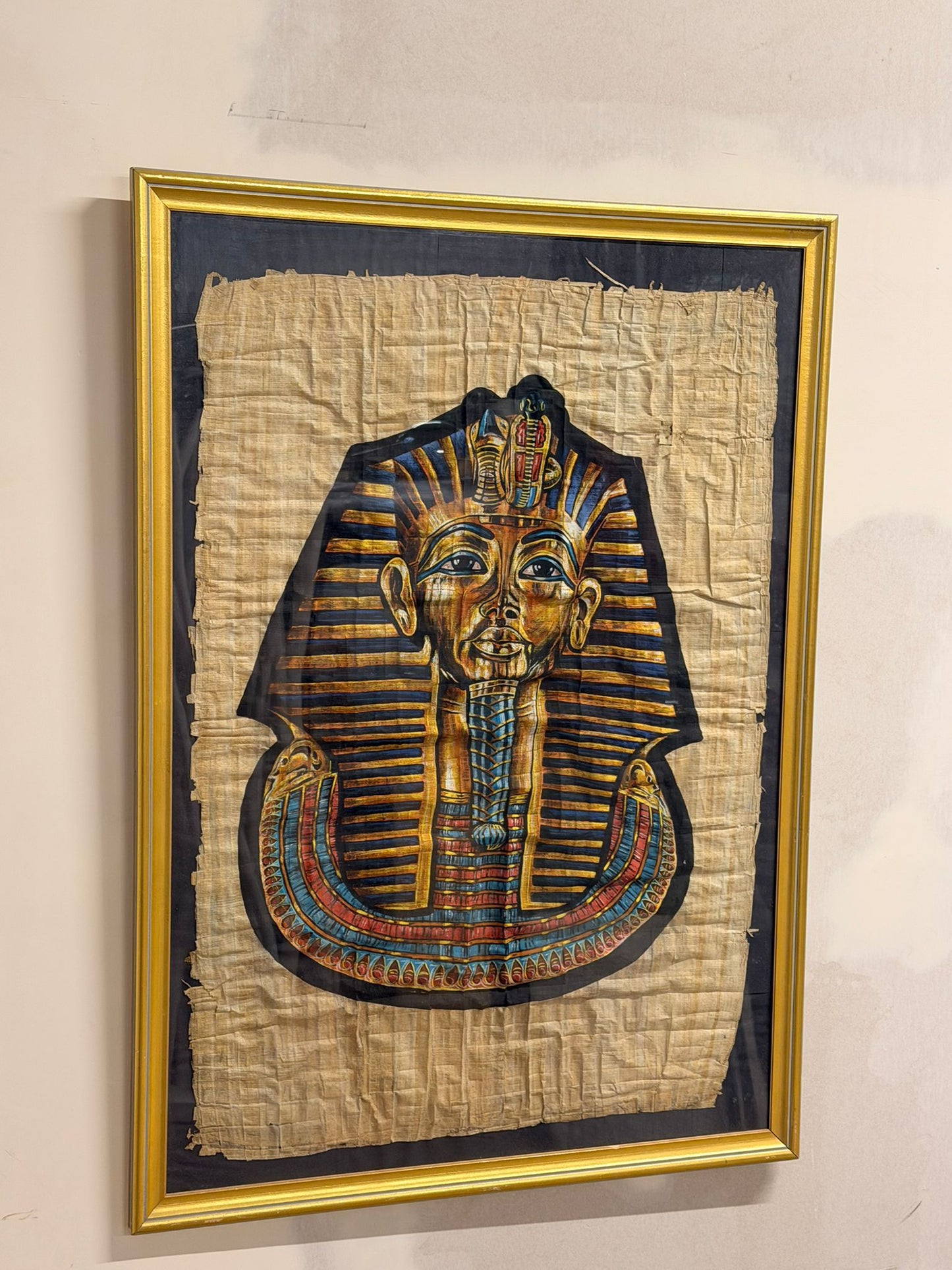 Pharao Tutanchamun Maske Bild auf Papyrus, Rahmen goldfarbig