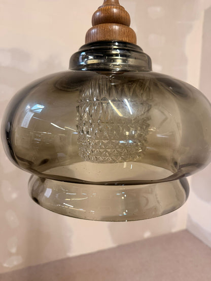 Vintage Glas Pendelleuchte retro Hängelampe mit Holzdetails