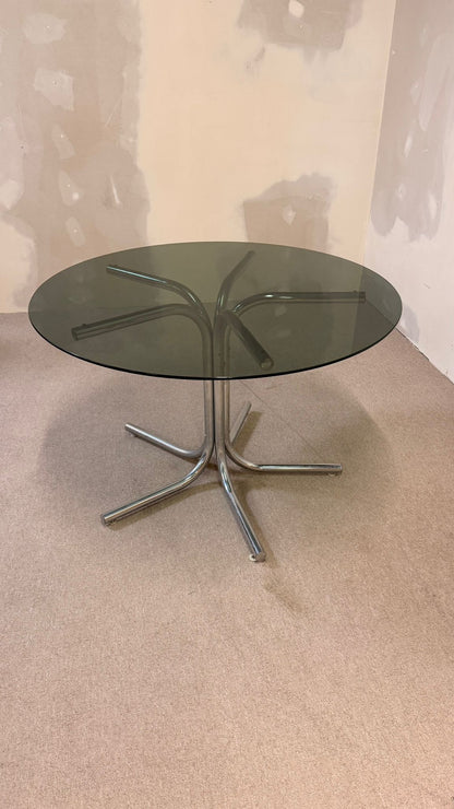 Runder Glastisch mit Rauchglasplatte im Space Age Stil 70er