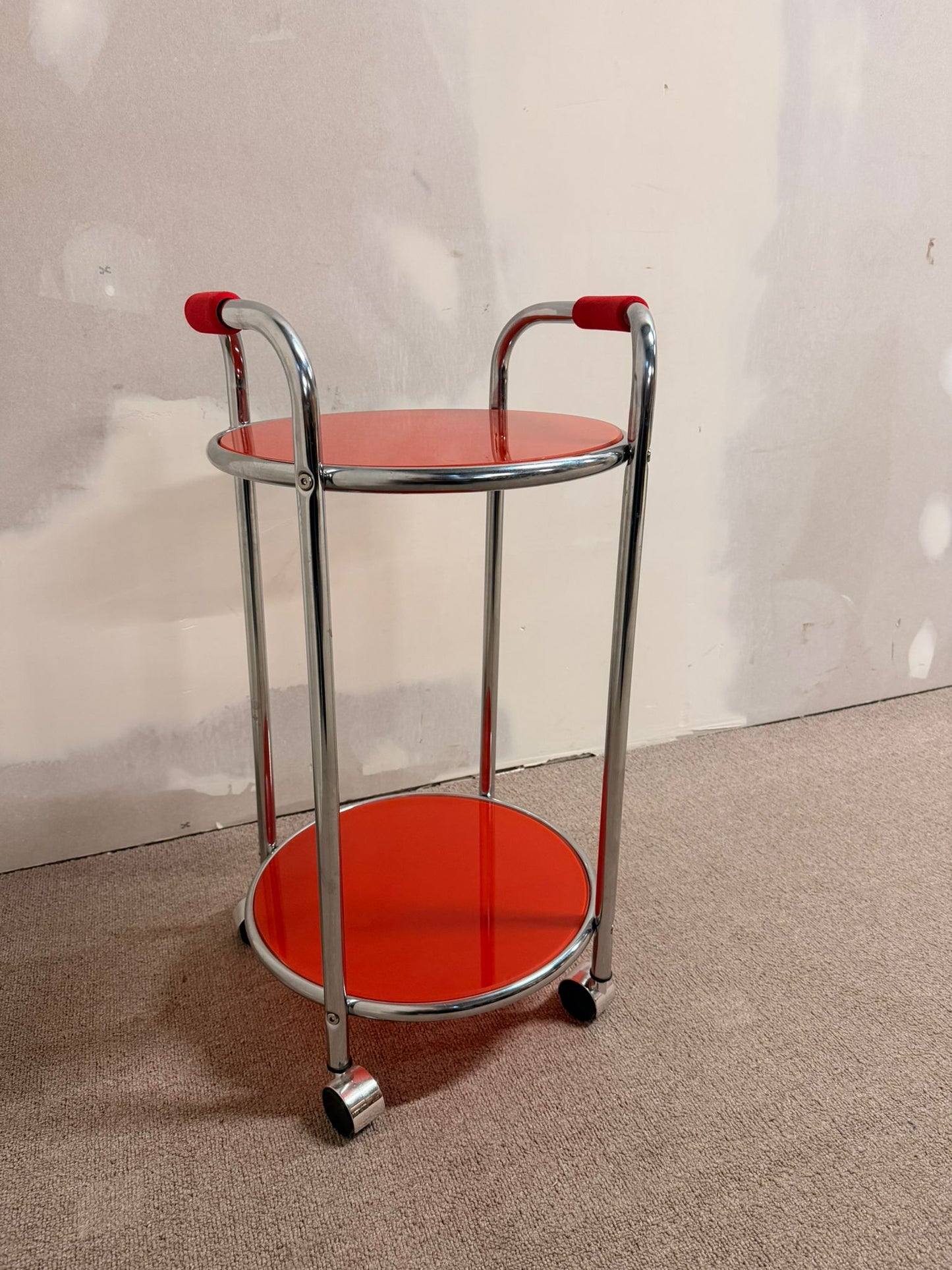 Vintage Servierwagen Teewagen, Chrom/Glas rot, 60er Jahre
