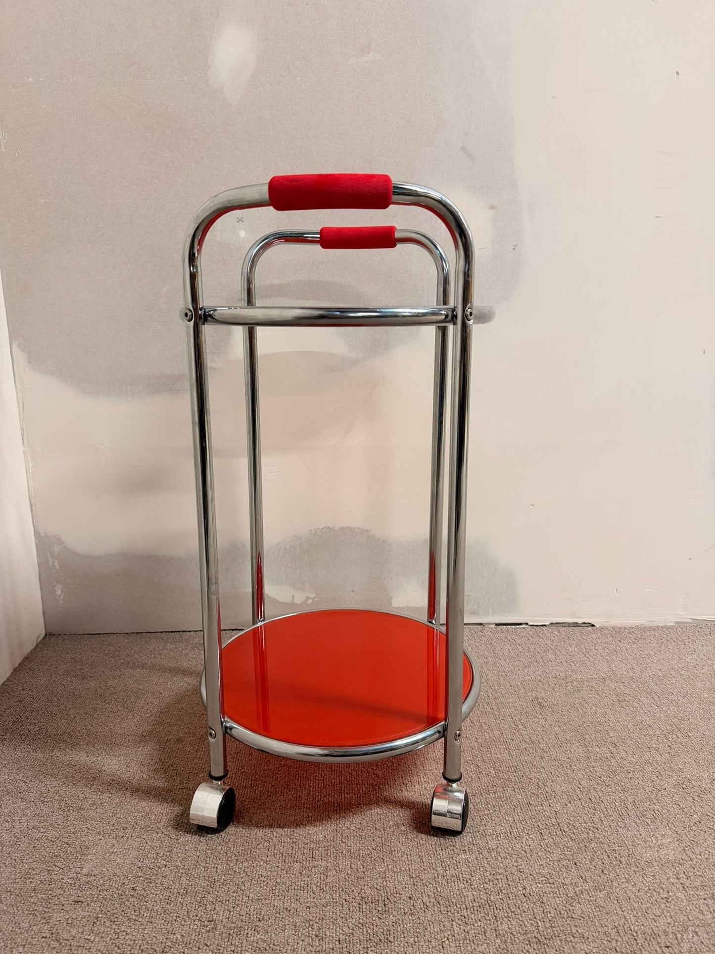 Vintage Servierwagen Teewagen, Chrom/Glas rot, 60er Jahre
