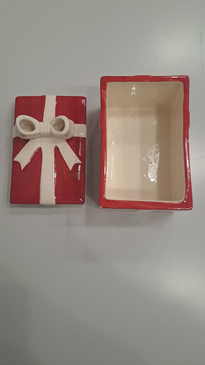 Vintage Keramik-Dose in Geschenkschachtel-Optik in rot weiss