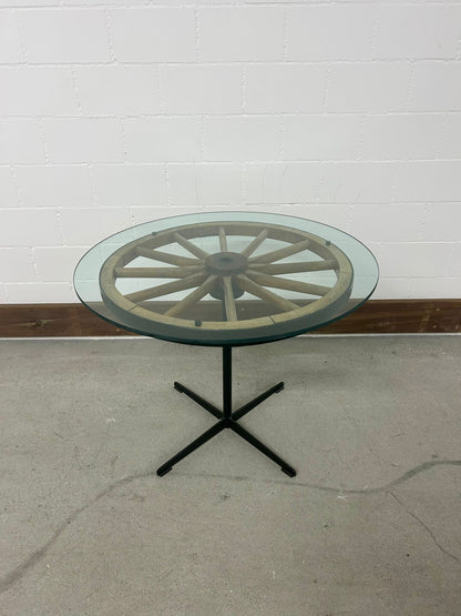 Vintage Retro Tisch mit Wagenrad Glasplatte Beistelltisch