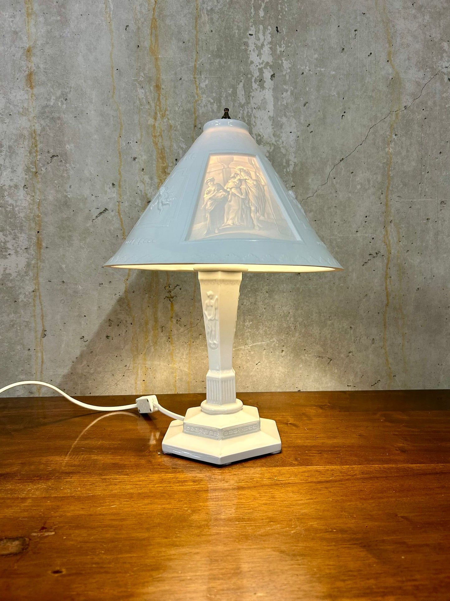 Seltene Litophanie Tischlampe aus Porzellan Keramik