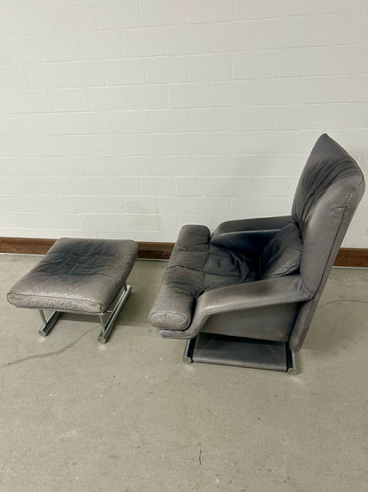 Design Leder Sessel mit Fusshocker Chromgestell Rolf Benz