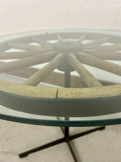 Vintage Retro Tisch mit Wagenrad Glasplatte Beistelltisch