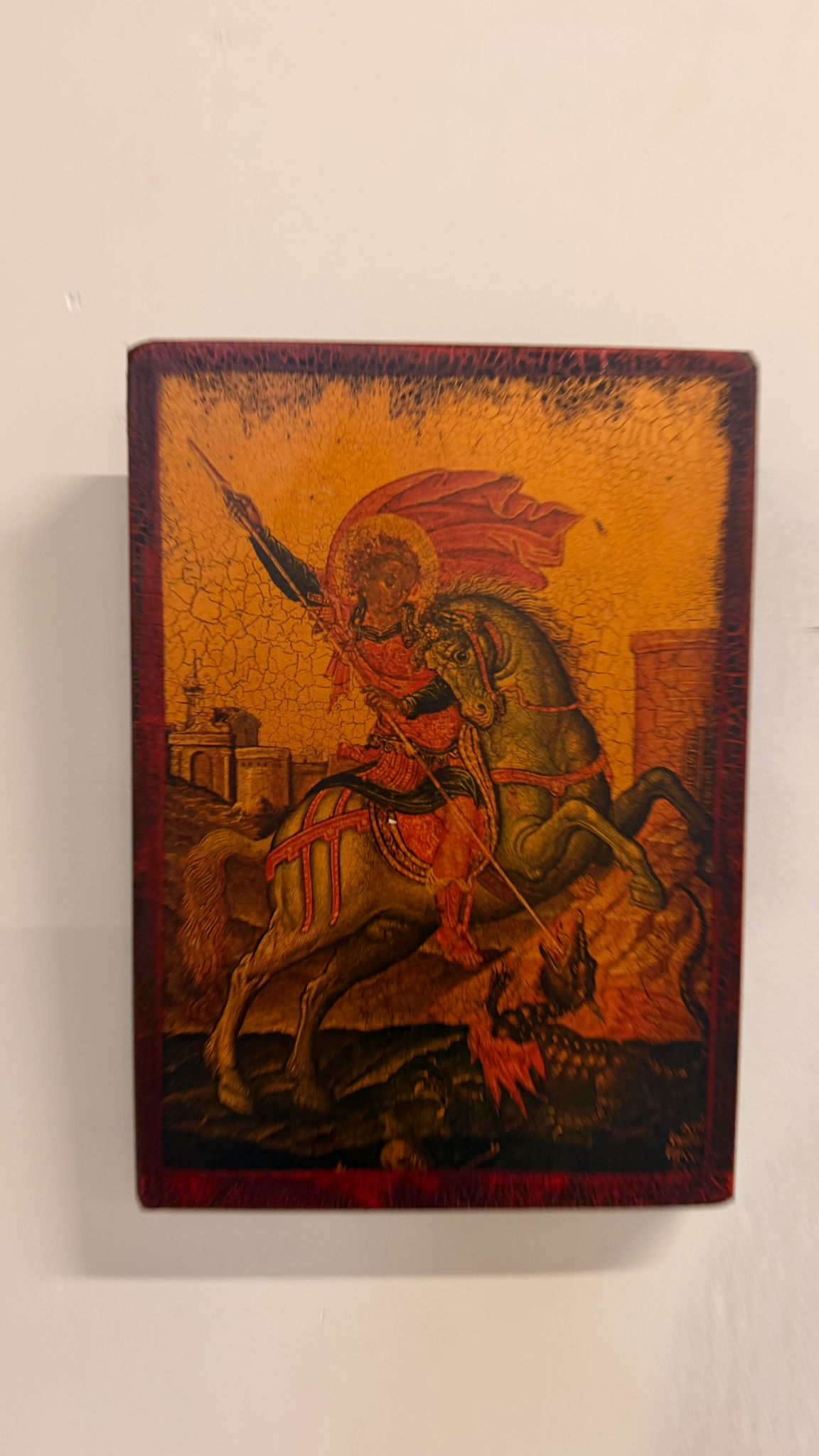 Holzbild Ikone Heiliger Georg auf Pferd Drachenkampf Kunst