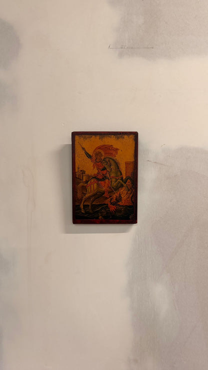 Holzbild Ikone Heiliger Georg auf Pferd Drachenkampf Kunst