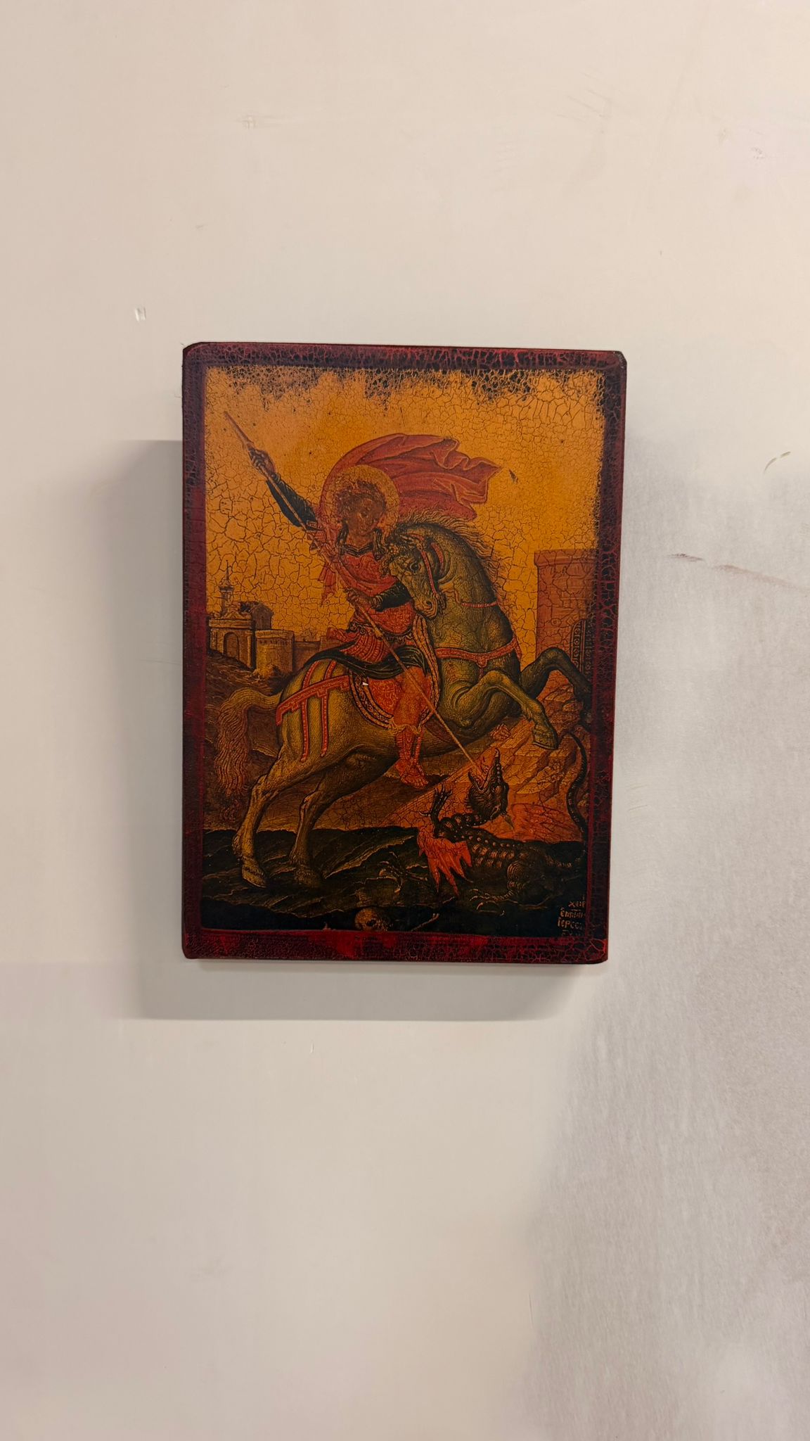 Holzbild Ikone Heiliger Georg auf Pferd Drachenkampf Kunst