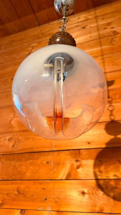 Italienische Mid-Century Hängelampe Opalglas Holz Kugellampe
