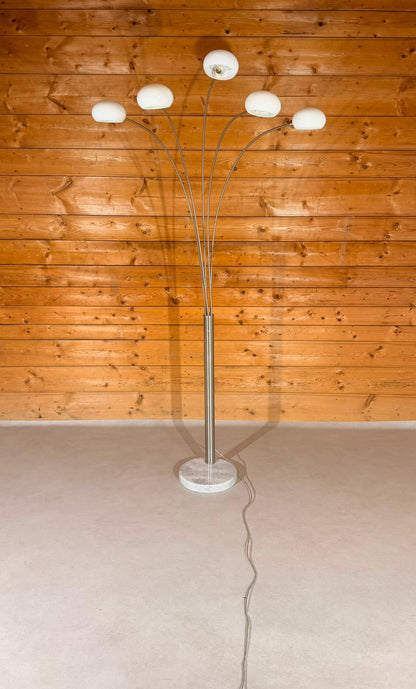Design Bogenlampe 5-flammig Marmorfuss und Glaslampenschirm