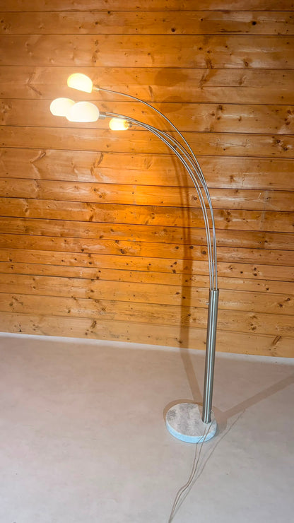 Design Bogenlampe 5-flammig Marmorfuss und Glaslampenschirm