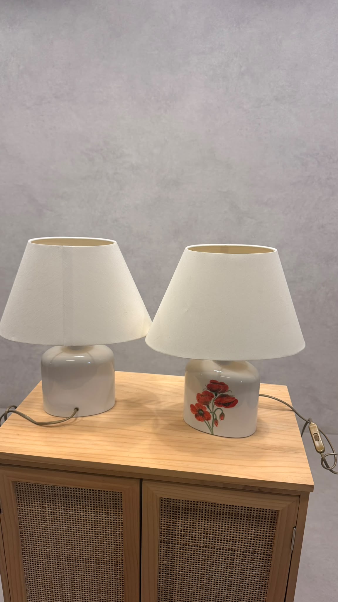 Vintage Keramik Tischlampe Mohnblumen Motiv & Stoffschirm