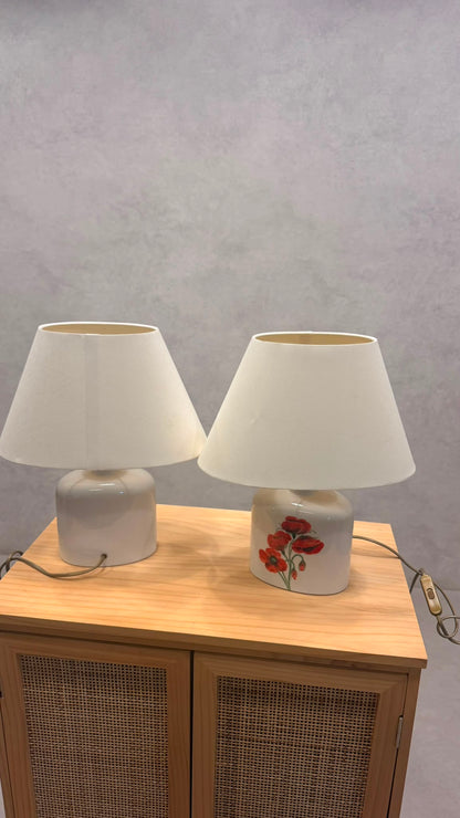 Vintage Keramik Tischlampe Mohnblumen Motiv & Stoffschirm