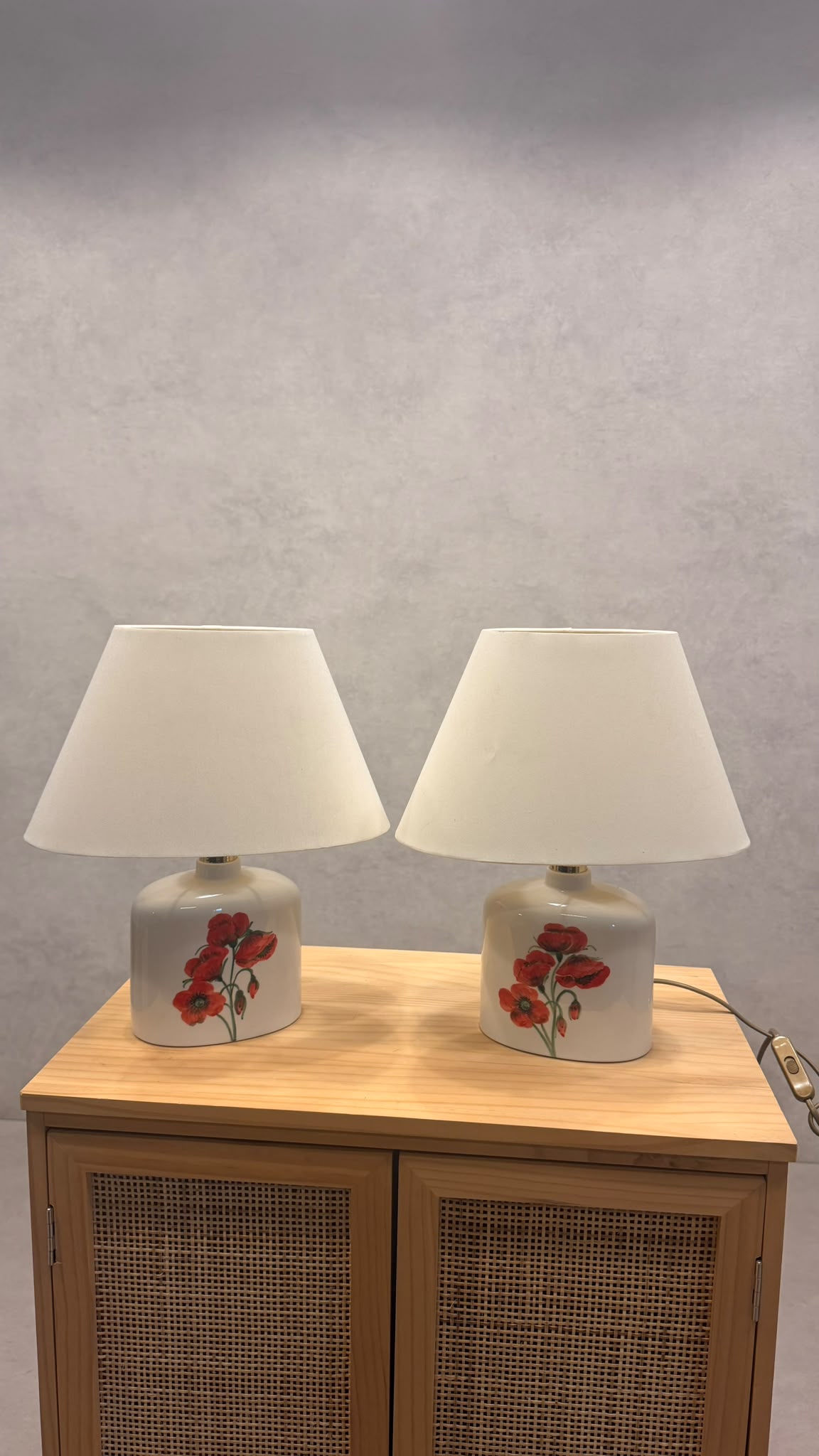 Vintage Keramik Tischlampe Mohnblumen Motiv & Stoffschirm