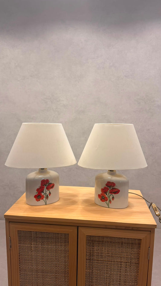 Vintage Keramik Tischlampe Mohnblumen Motiv & Stoffschirm