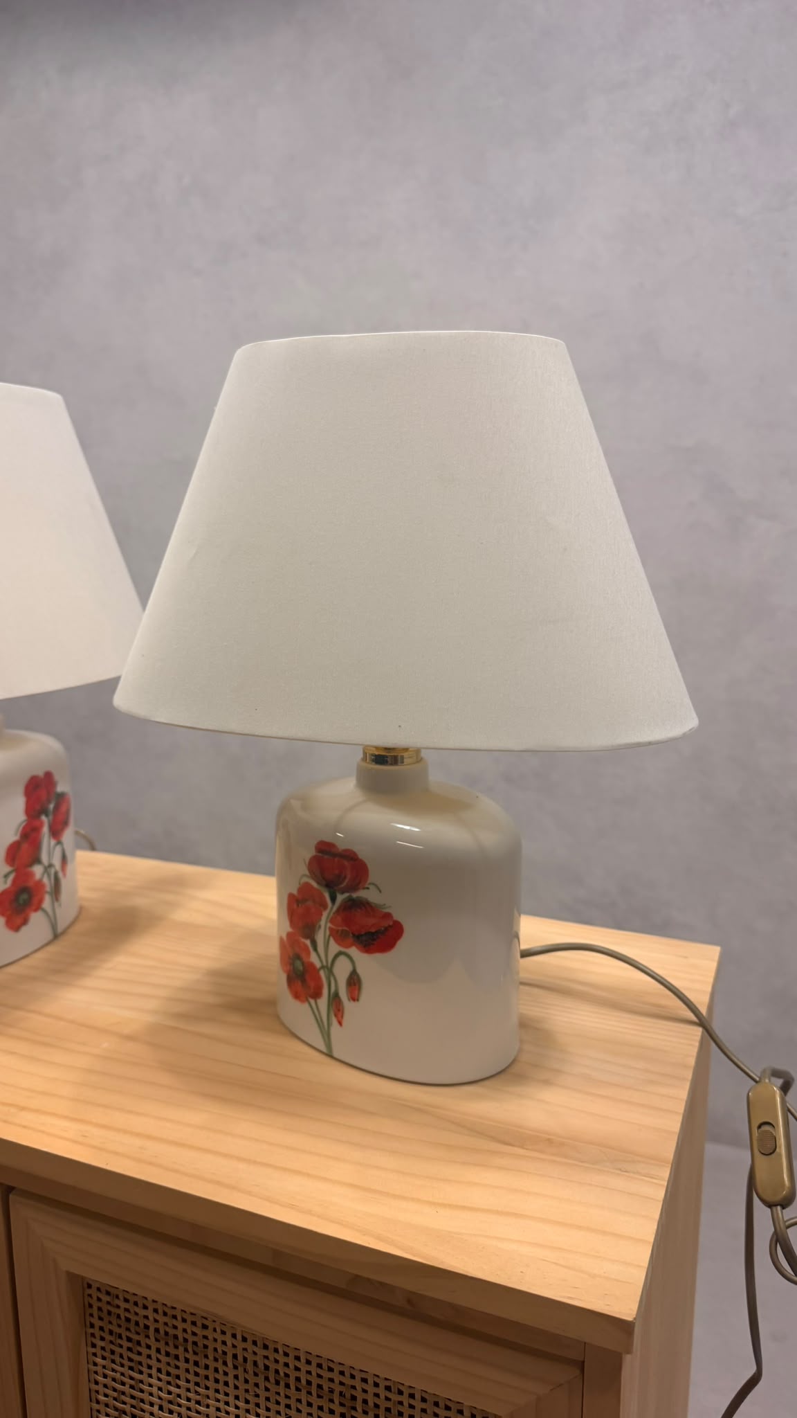Vintage Keramik Tischlampe Mohnblumen Motiv & Stoffschirm