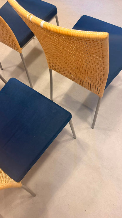 4er Set Design Stühle Rattan Stil Edelstahl Samt blau/beige