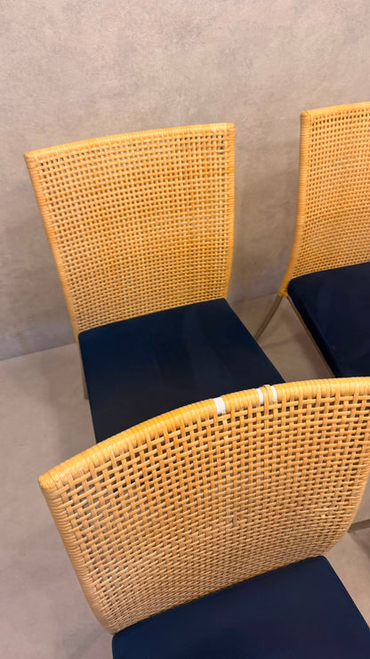 4er Set Design Stühle Rattan Stil Edelstahl Samt blau/beige