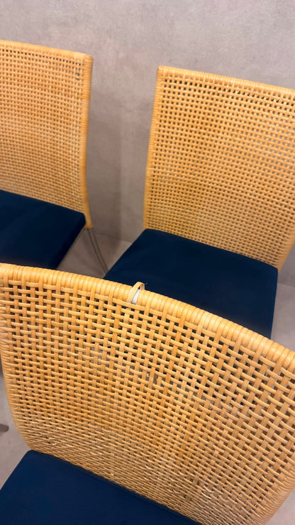 4er Set Design Stühle Rattan Stil Edelstahl Samt blau/beige