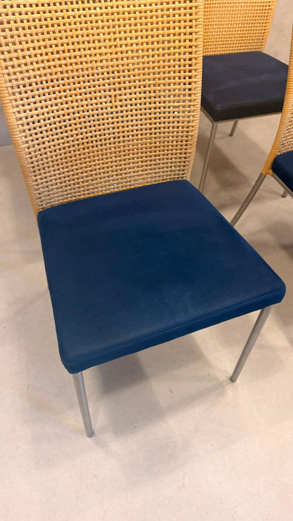 4er Set Design Stühle Rattan Stil Edelstahl Samt blau/beige