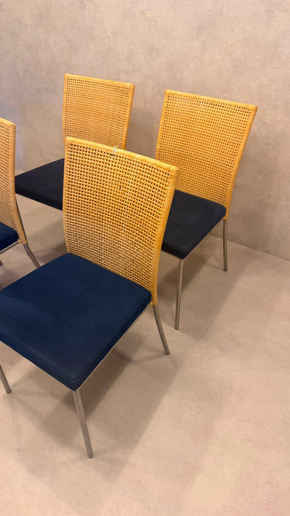 4er Set Design Stühle Rattan Stil Edelstahl Samt blau/beige