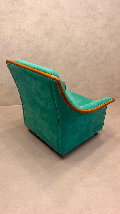 Vintage Sessel grün mit Holzrahmen – Retro Ohrensessel