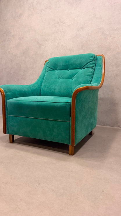 Vintage Sessel grün mit Holzrahmen – Retro Ohrensessel